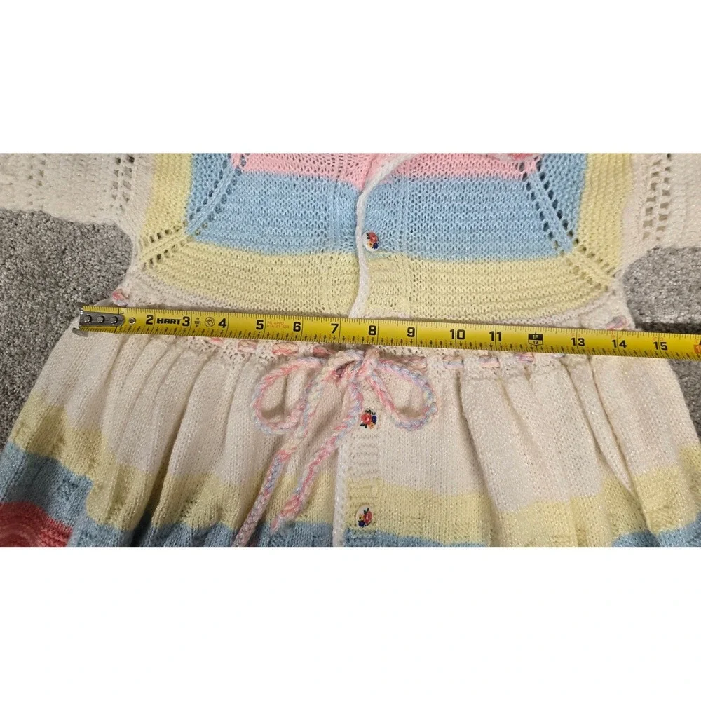 Vintage Handmade Knit Pastel‎ Striped Dress Floral Buttons Crochet Trim Sz 2T-3T